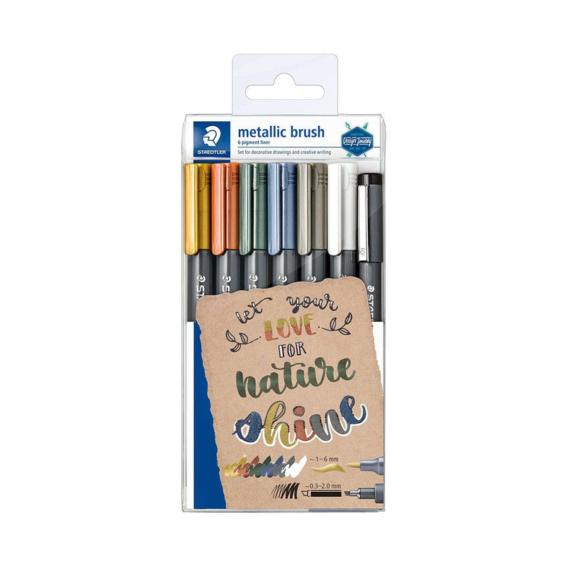 Staedtler Metallic Brush Pack de 7 Rotuladores Punta de Pincel - Tinta Base de Agua - Trazo 1 - 6mm Aprox - Colores Surtidos