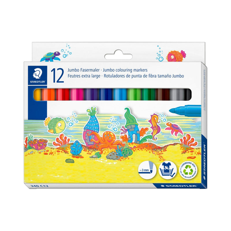 Staedtler Noris Jumbo 340 Pack de 12 Rotuladores Jumbo - Punta de Fibra - Trazo 3mm - Lavable Facilmente - Tinta Base de Agua - Tapa Ventilada - Colores Surtidos