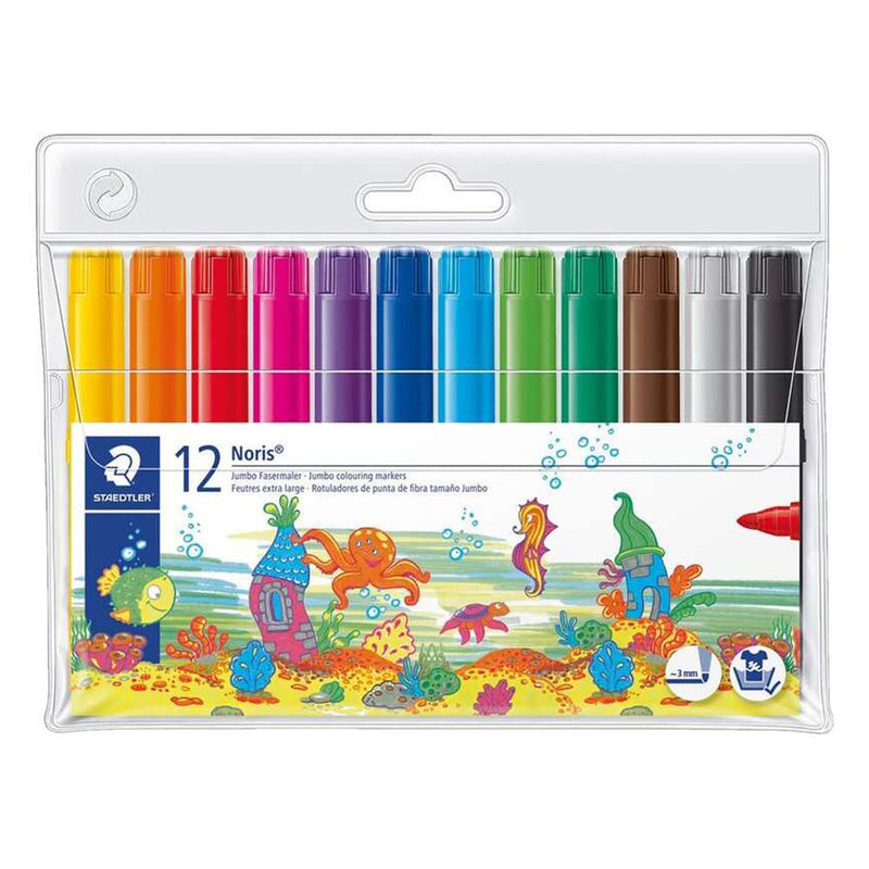Staedtler Noris 340 Pack de 12 Rotuladores de Gran Tamaño - Trazo 3mm Aprox - Lavable Facilmente - Tinta Base de Agua - Colores Surtidos