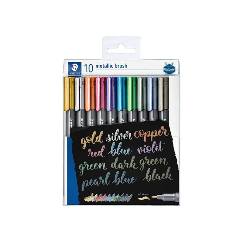 Staedtler Pack de 10 Rotuladores Permanentes - Punta Pincel - Trazo 1-6mm Aprox - Capuchon con Clip - Colores Metalicos Surtidos