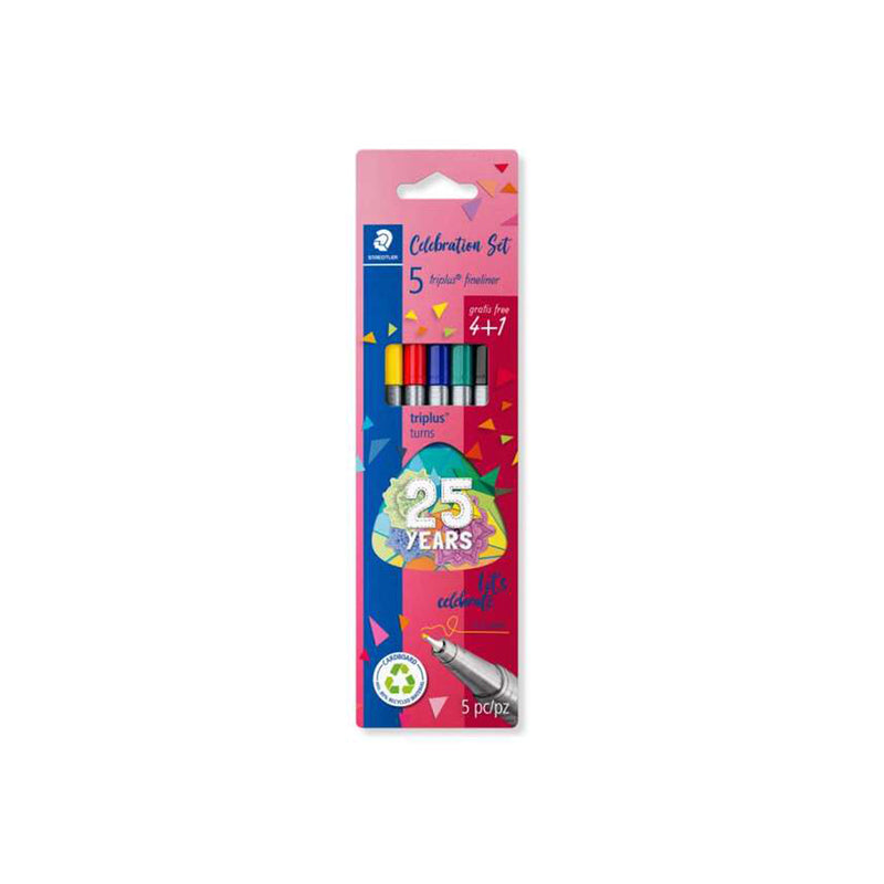 Staedtler Triplus Fineliner 334 Pack de 5 Rotuladores de Punta Fina - Trazo 0.3mm Aprox - Tinta Base de Agua - Colores Surtidos