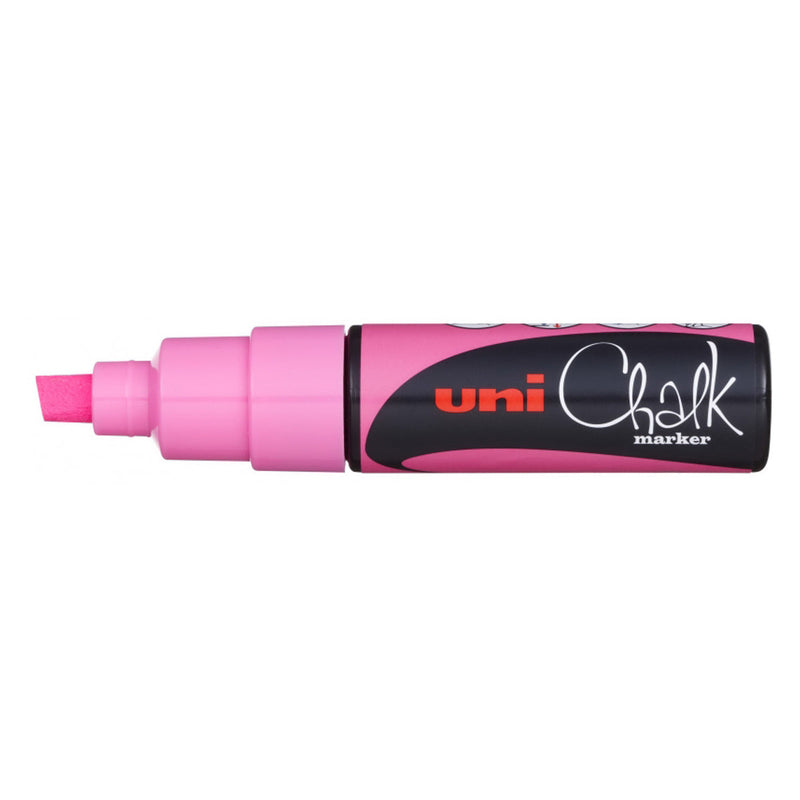 Uni-ball PWE-8K Marcador de Tiza Liquida - Punta Biselada 8mm - Borrado en Humedo - Resistente a la Lluvia y Exteriores - Color Rosa