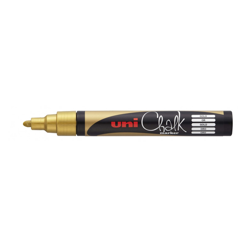 Uni-ball PWE-5M Marcador de Tiza Liquida - Punta Conica 1.8-2.5mm - Borrado en Humedo - Resistente a la Lluvia y Exteriores - Color Oro