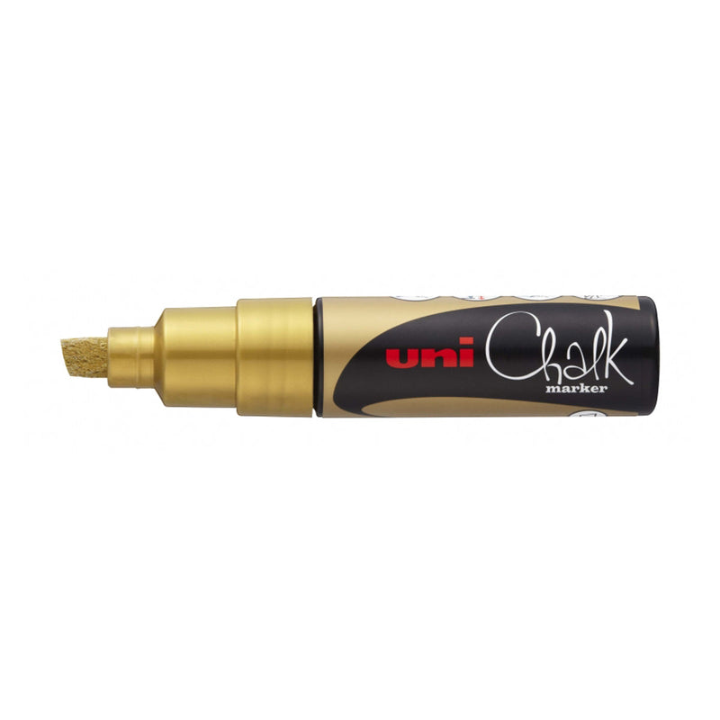 Uni-ball PWE-8K Marcador de Tiza Liquida - Punta Biselada 8mm - Borrado en Humedo - Resistente a la Lluvia y Exteriores - Color Oro