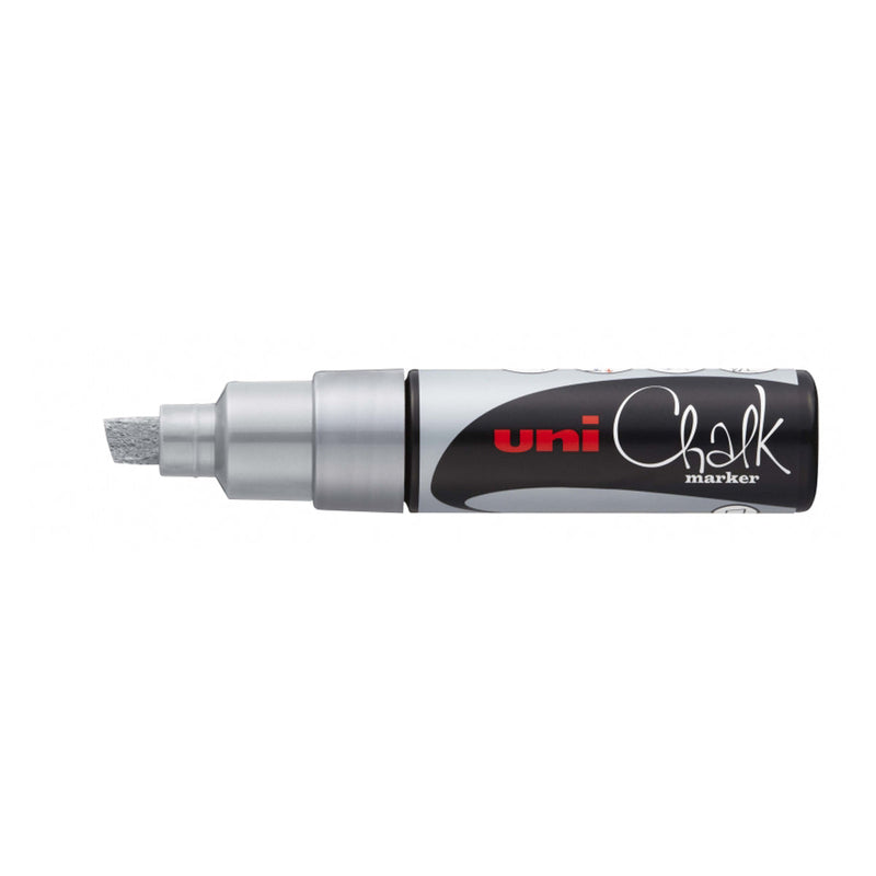 Uni-ball PWE-8K Marcador de Tiza Liquida - Punta Biselada 8mm - Borrado en Humedo - Resistente a la Lluvia - Color Plata