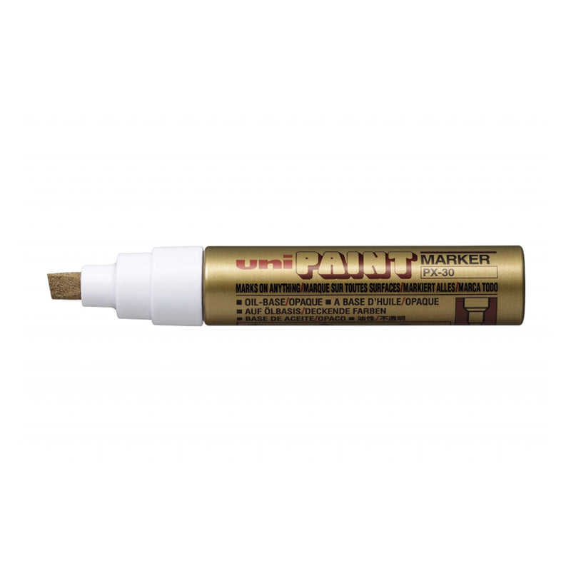 Uni-ball PX-30 Marcador de Pintura - Punta Biselada Acrilica 4-8.5mm - Linea Gruesa - Cuerpo de Aluminio - Tinta Permanente Resistente a Luz y Agua - Color Oro