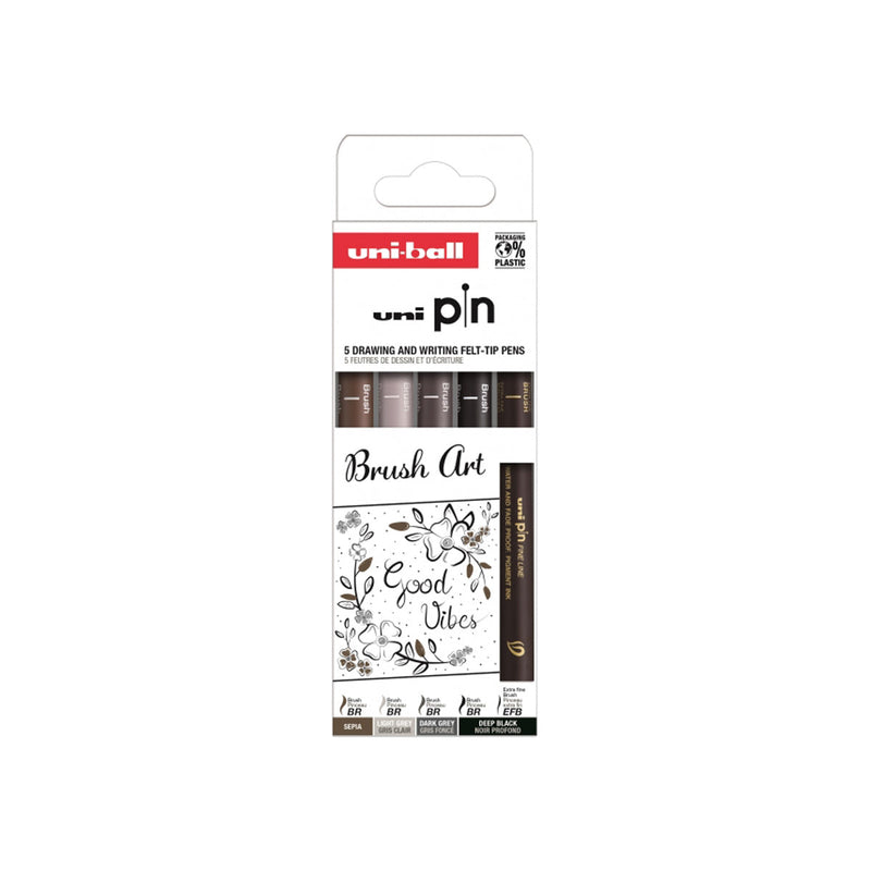 Uni-ball Uni Pin Brush Art Pack de 5 Rotuladores Calibrados Brush y Brush Extra Fino - Punta Poliacetal - Tinta Pigmentada Resistente al Agua y a la Luz - Colores Negro, Gris y Sepia