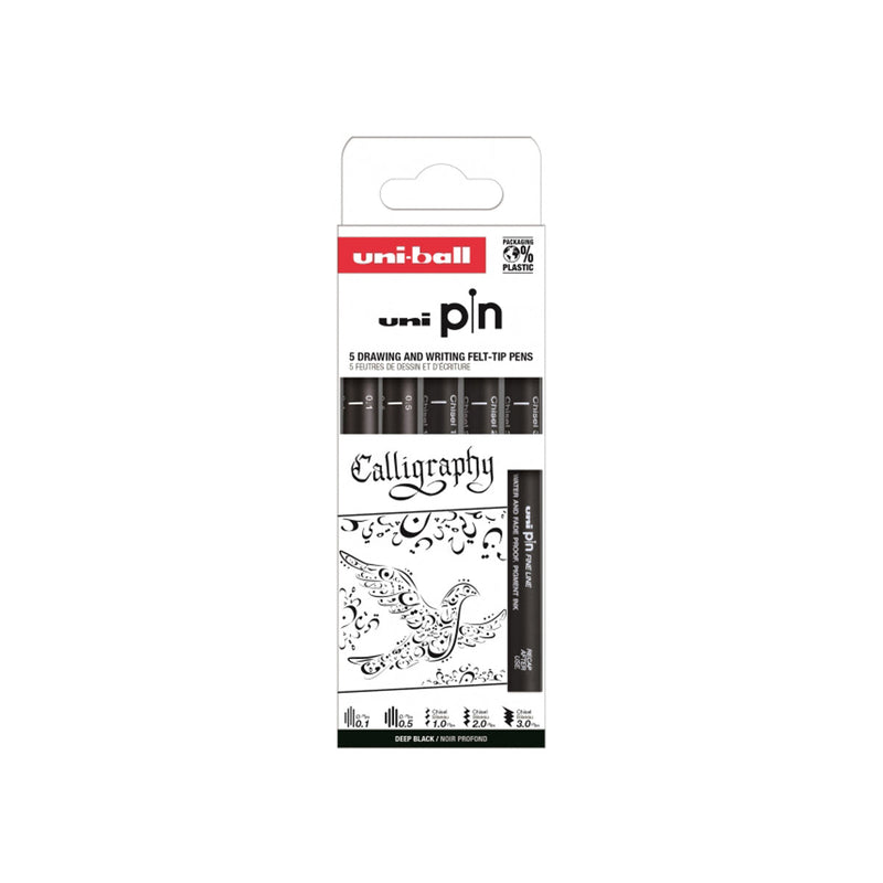 Uni-ball Uni Pin Caligrafia Pack de 5 Rotuladores Calibrados 0.1, 0.5, Chisel 1.0, Chisel 2.0 y Chisel 3.0 - Tinta Pigmentada Resistente al Agua y Luz - Ideal para Dibujo Profesional y Escritura - Color Negro
