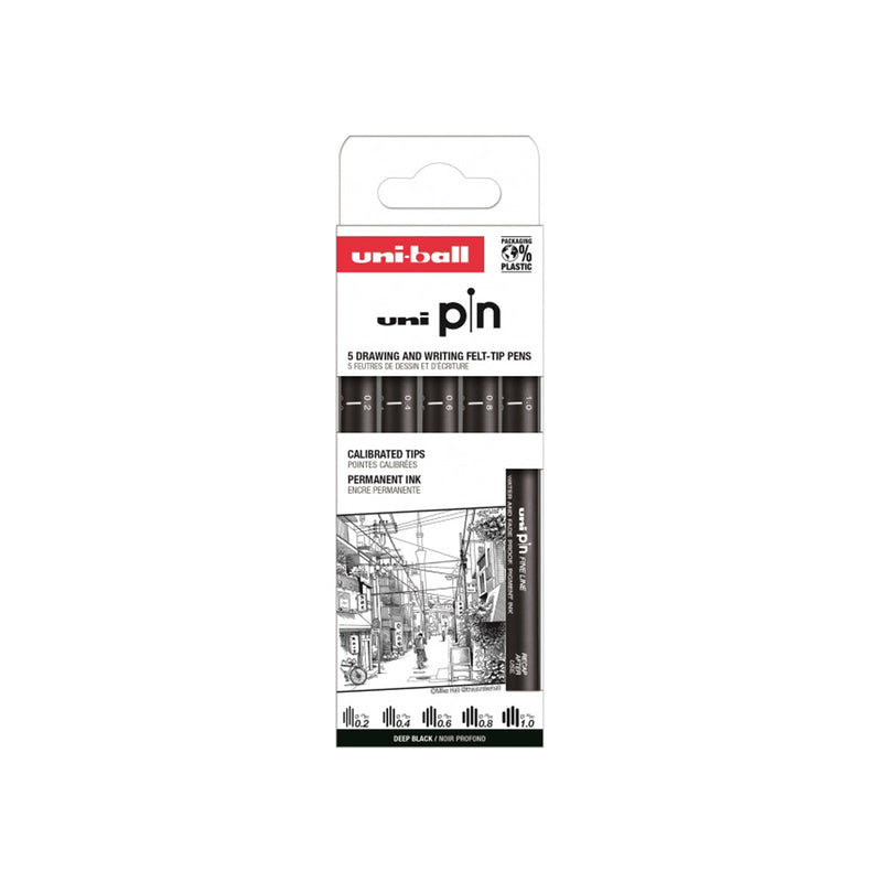 Uni-ball Uni Pin Clasico II Pack de 5 de Rotuladores Calibrados 0.2, 0.4, 0.6, 0.8 y 1.0 - Punta Poliacetal - Tinta Pigmentada Resistente al Agua y Luz - Color Negro