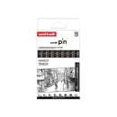 Uni-ball Uni Pin Clasico II Pack de 8 Rotuladores Calibrados 0.05, 0.2, 0.4, 0.6, 0.8, 1.0, 1.2 y Brush - Punta Poliacetal - Tinta Pigmentada Resistente al Agua y Luz - Color Negro