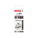 Uni-ball Uni Pin Lettering Pack de 5 Rotuladores Calibrados 0.8, y Brush - Punta Poliacetal - Tinta Pigmentada Resistente al Agua y Luz - Colores Negro, Gris y Sepia