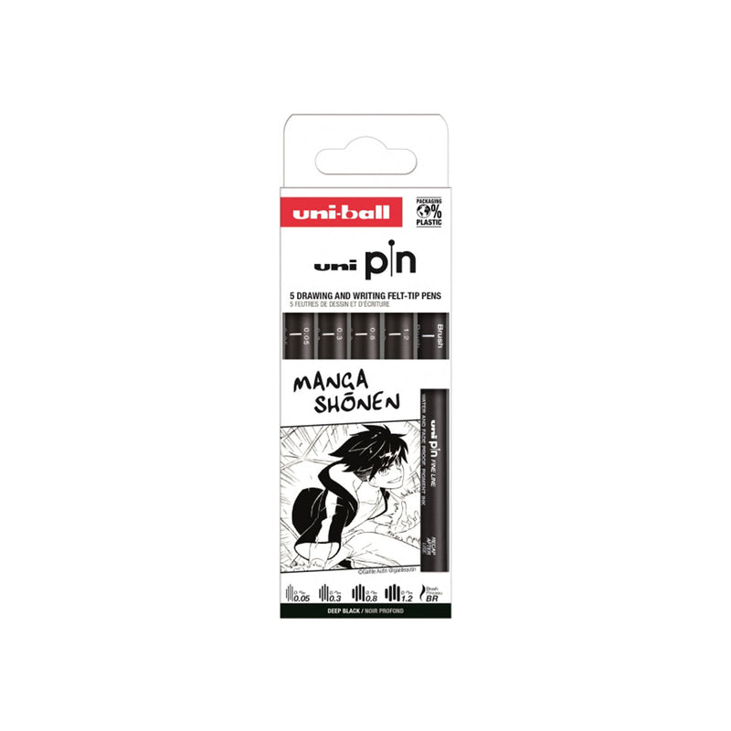 Uni-ball Uni Pin Manga Shonen Pack de 5 Rotuladores Calibrados 0.05, 0.3, 0.8, 1.2 y Brush - Punta Poliacetal - Tinta Pigmentada Resistente al Agua y Luz - Color Negro