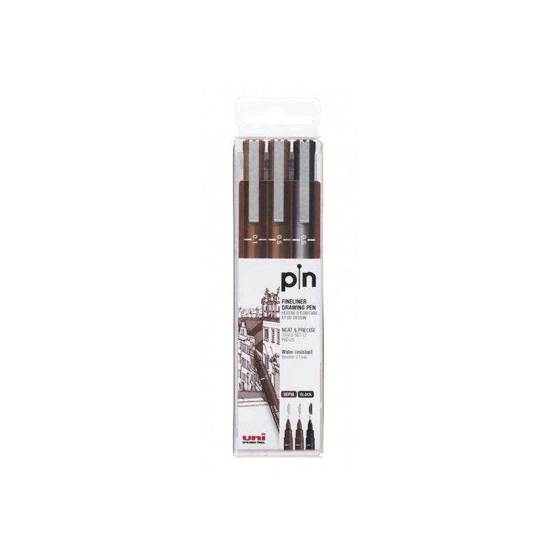 Uni-ball Uni Pin Pack de 3 Rotuladores Calibrados 0.1, 0.5 - Punta Poliacetal - Tinta Pigmentada Resistente al Agua y Luz - Ideal para Dibujo Profesional y Escritura - Colores Negro y Sepia