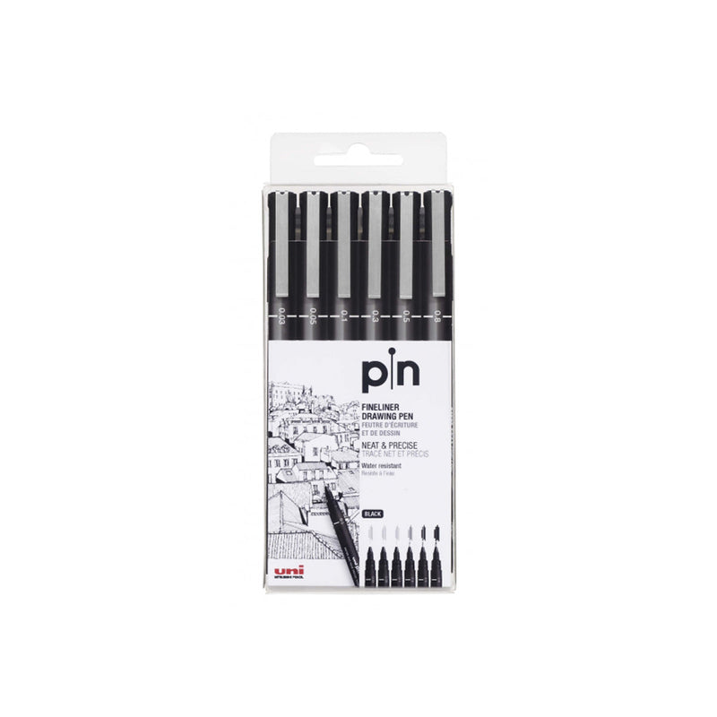 Uni-ball Uni Pin Pack de 6 Rotuladores Calibrados 0.03, 0.05, 0.1, 0.3, 0.5, 0.8 - Punta Poliacetal - Tinta Pigmentada Resistente al Agua y Luz - Ideal para Dibujo Profesional y Escritura - Color Negro