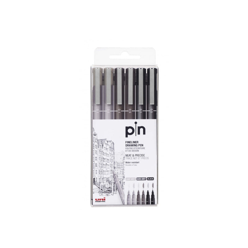 Uni-ball Uni Pin Pack de 6 Rotuladores Calibrados 0.1, 0.5 - Punta Poliacetal - Tinta Pigmentada Resistente al Agua y Luz - Ideal para Dibujo Profesional y Escritura - Colores Negro, Gris Oscuro y Gris Claro