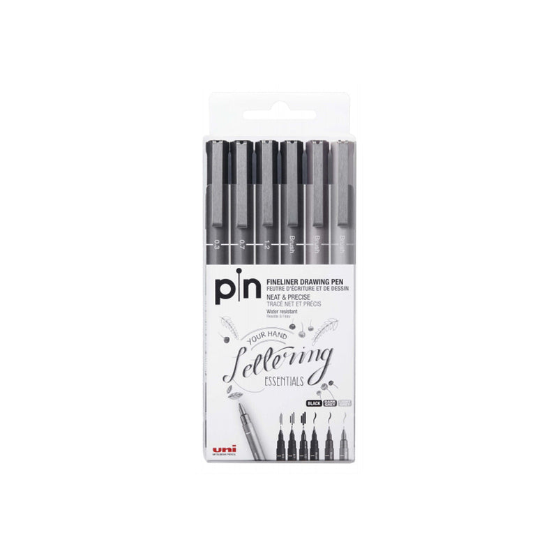 Uni-ball Uni Pin Pack de 6 Rotuladores Calibrados 0.3, 0.7, 1.2, Brush - Punta Poliacetal - Tinta Pigmentada Resistente al Agua y Luz - Ideal para Dibujo Profesional y Escritura - Colores Negro y Gris