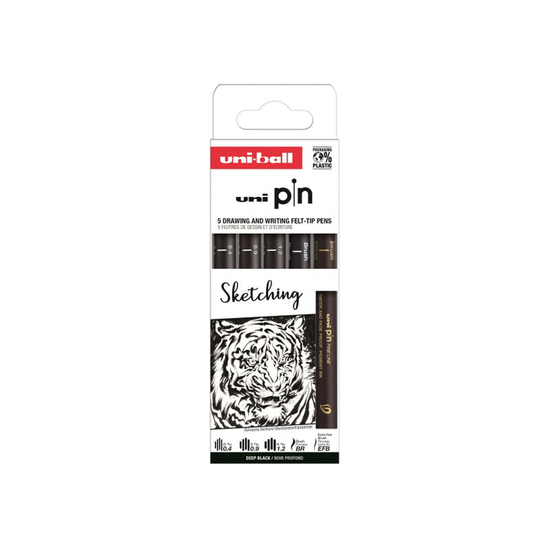 Uni-ball Uni Pin Sketching Pack de 5 Rotuladores Calibrados 0.4, 0.9, 1.2, Brush y EFB - Punta Poliacetal - Tinta Pigmentada Resistente al Agua y Luz - Color Negro