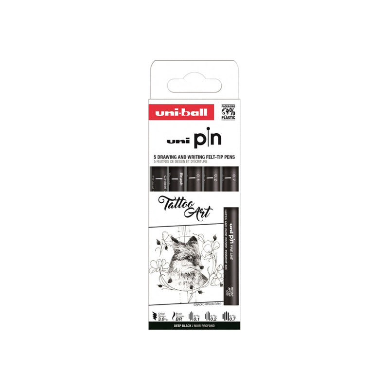 Uni-ball Uni Pin Tattoo Art Pack de 5 Rotuladores Calibrados 0.1, 0.2, 0.7, 1.0, Brush y Chisel 3.0 - Punta Poliacetal - Tinta Pigmentada Resistente al Agua y Luz - Color Negro