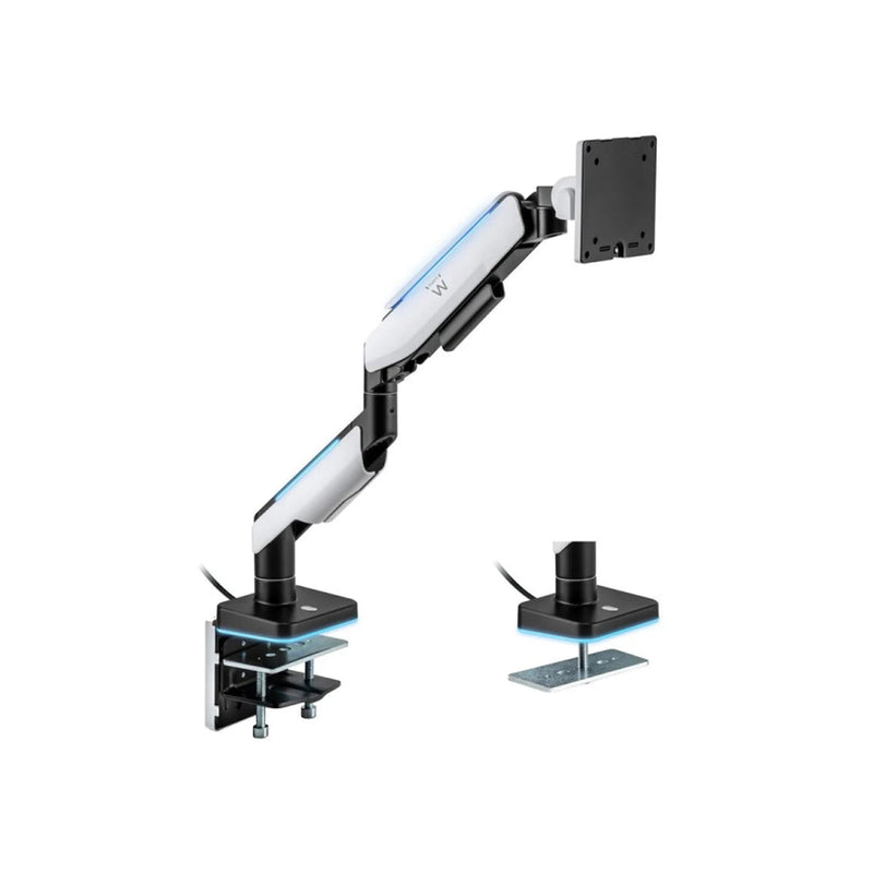 Ewent Soporte de Mesa RGB para Monitor/TV - Giratorio e Inclinable - Iluminacion RGB - Acero y Aluminio - Compatible Vesa - Carga Maxima 20Kg - Brazo Articulado - Sistema de Pasacables - Color Blanco