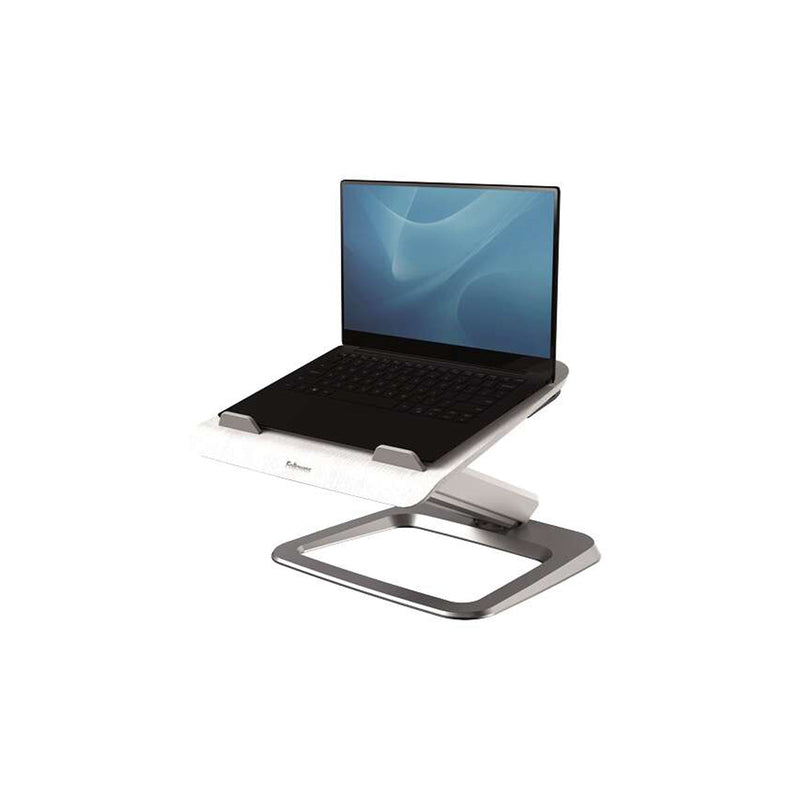 Fellowes Hana Soporte para Portatil - Sistema de Muelle a Gas - Inclinacion Maxima 95º - 4 Puertos USB - Base de Aluminio y Plataforma de Madera - Hasta 29 Pulgadas - Color Blanco