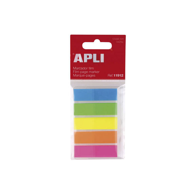 Apli Indices Adhesivos Film 45x12mm 5 Colores Fluorescentes - 25 Indices por Color - Facil de Pegar y Despegar - Ideal para Marcar y Organizar - Practico Tamaño - Color Variado
