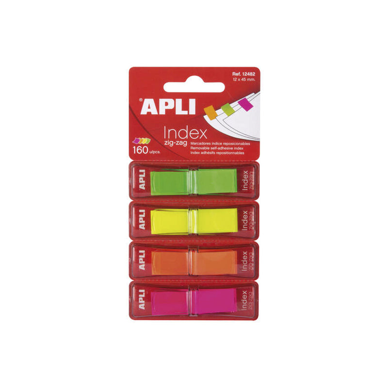 Apli Indices Adhesivos Film Zigzag 45x12mm 4 Dispensadores de 40 Indices - Faciles de Aplicar - Resistentes - Removibles - Colores Fluorescentes - Multicolor