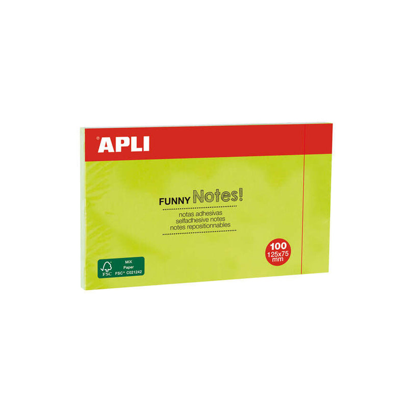 Apli Notas Adhesivas Funny 125x75mm - Bloc de 100 Hojas - Adhesivo de Calidad - Facil de Despegar - Color Verde Fluorescente
