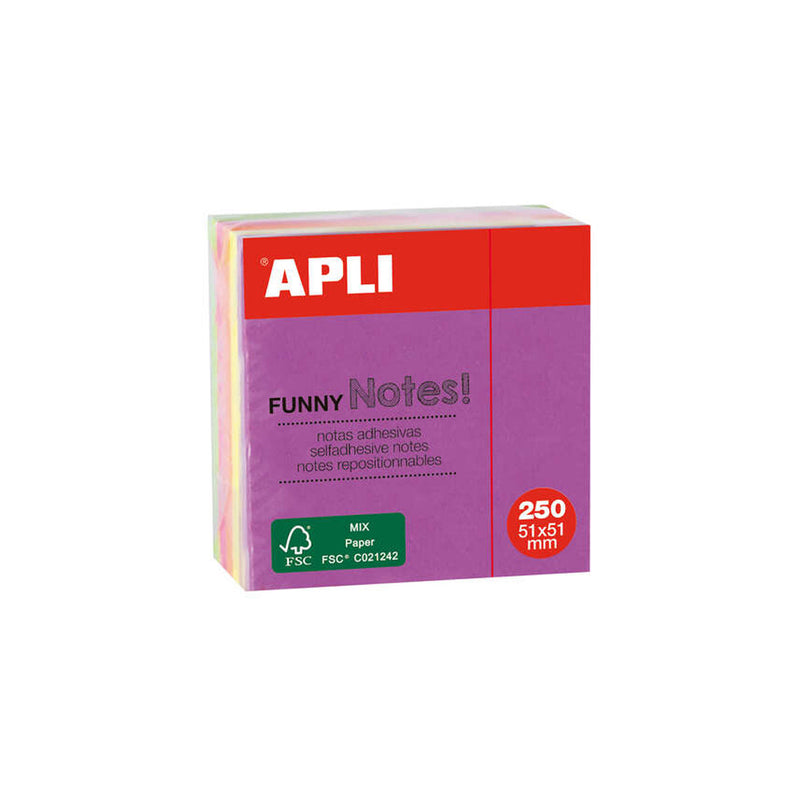 Apli Notas Adhesivas Funny 51x51mm Mini-Cubo 250 Hojas - 5 Colores Surtidos Fluorescentes - Divertidas y Practicas