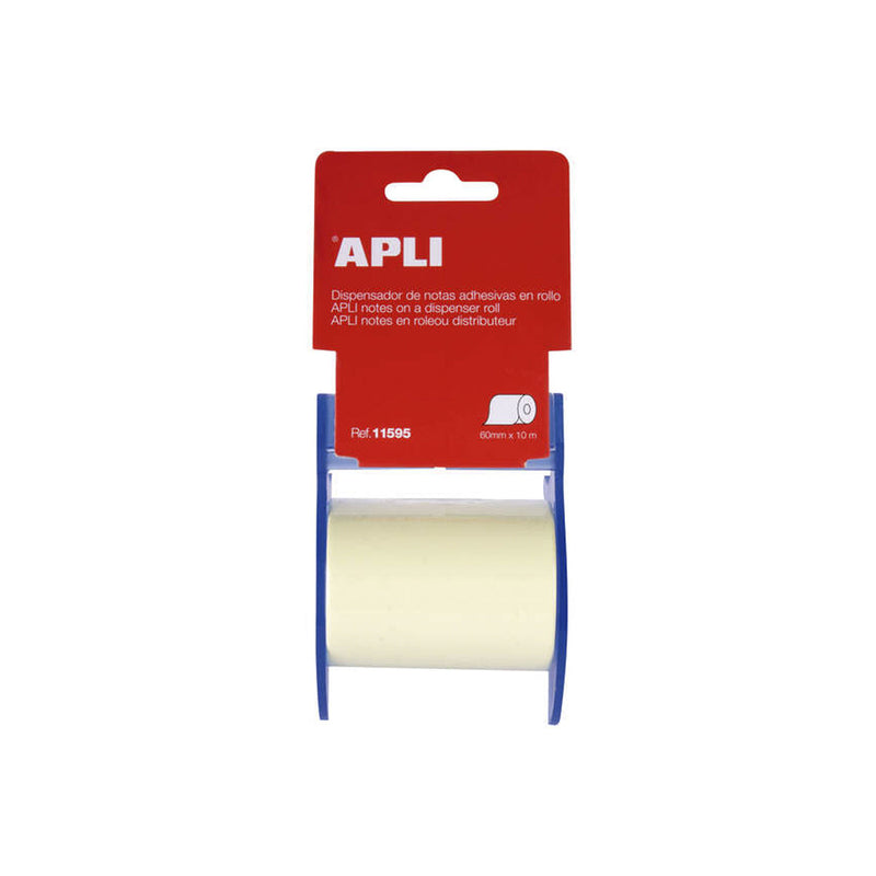 Apli Rollo de Nota Adhesiva con Dispensador - Medidas del Rollo 60mmx10m - Facil de Usar - Adhesivo de Calidad - Color Nota Amarillo - Color Dispensador Azul