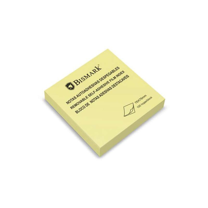 Bismark Taco de 100 Notas Adhesivas 76x76mm - Adhesion Fuerte - Facil de Usar - Color Amarillo