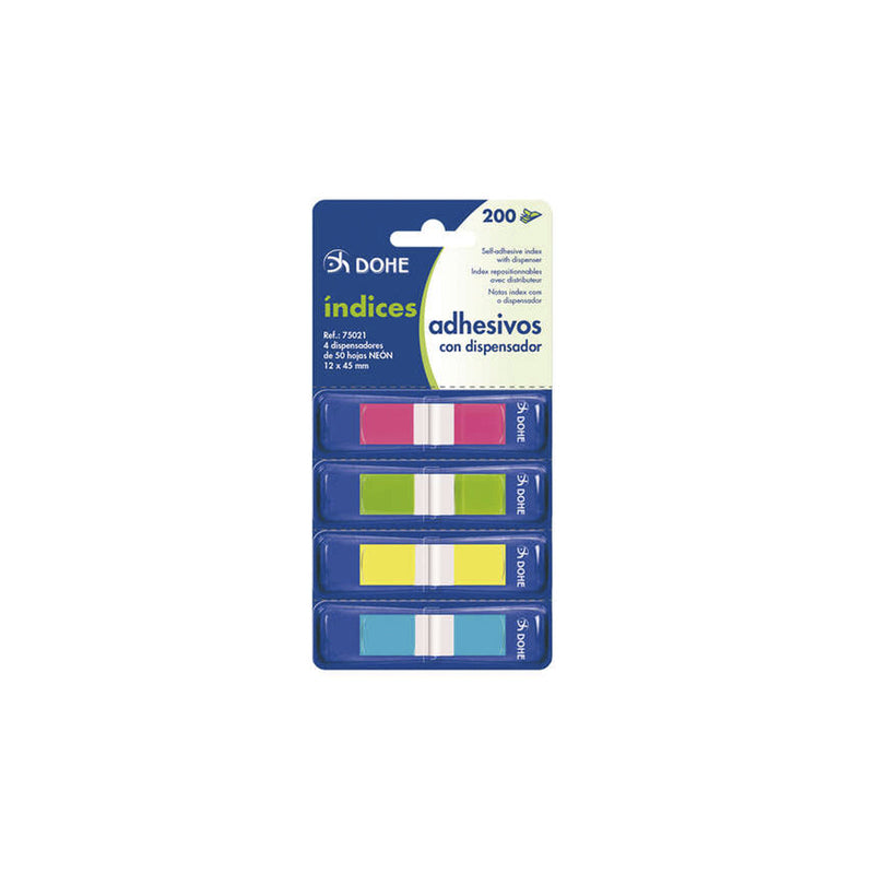 Dohe Pack de 4 Mini-Indices Adhesivos Reposicionables de 50uds cada Uno - Medidas 12x45mm - Dispensador con 4 Colores - Ideal para Oficina y Escuela - Colores Surtidos