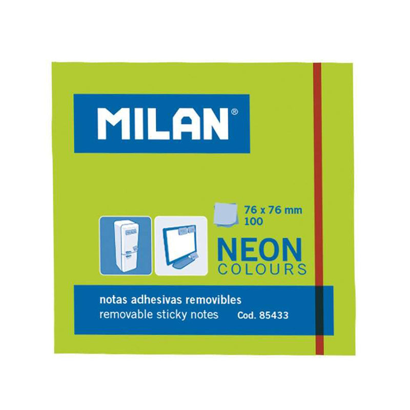 Milan Bloc de 100 Notas Adhesivas - Removibles - 76mm x 76mm - Color Verde Neon