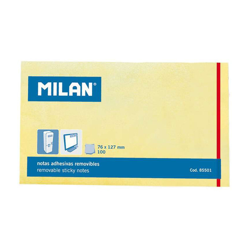 Milan Bloc de 100 Notas Adhesivas - Removibles - 76mm x 127mm - Color Amarillo Claro