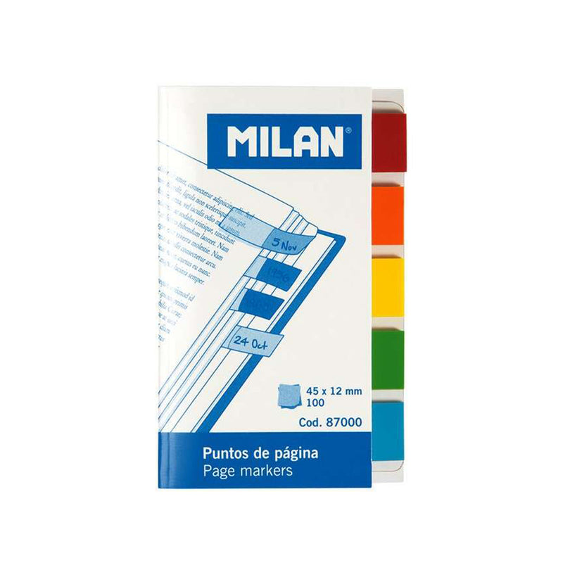 Milan Bloc de 100 Puntos de Pagina de Colores - Parte Transparente Adhesiva - Plastico - Removibles - Medidas 45mm x 12mm - Colores Surtidos