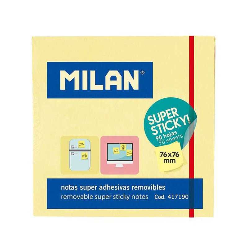 Milan Bloc de 90 Notas Super Adhesivas - Removibles - Mayor Permanencia - 76mm x 76mm - Color Amarillo Claro