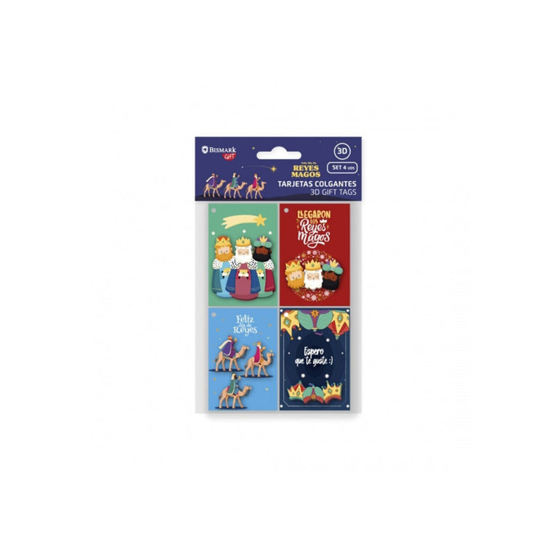 Bismark Pack de 4 Tarjetas de Felicitacion Navideña - Diseño con Relieve - Tamaño Cerrada 6x8cm,Abierta 12cm - Se Pueden Colgar - Incluyen Cordon