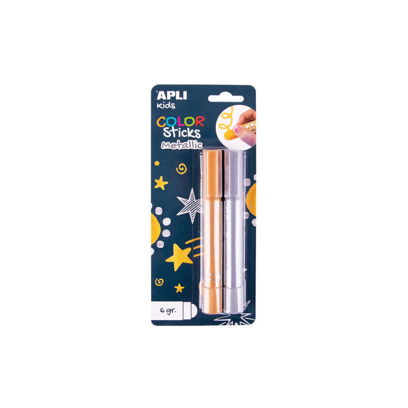 Apli Color Sticks Temperas Solidas - Pack 2 Unidades de 6g en Colores Metalizados - No Manchan, Acabado Satinado, Secado Rapido - Efecto Cera o Tempera Segun Presion - Flexible y sin Disolventes