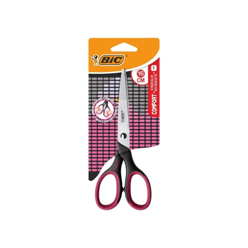 Bic Comfort Tijera Escolar de Acero Inoxidable 16cm - Mango Suave - Uso Diestro - Colores Surtidos Aleatorio