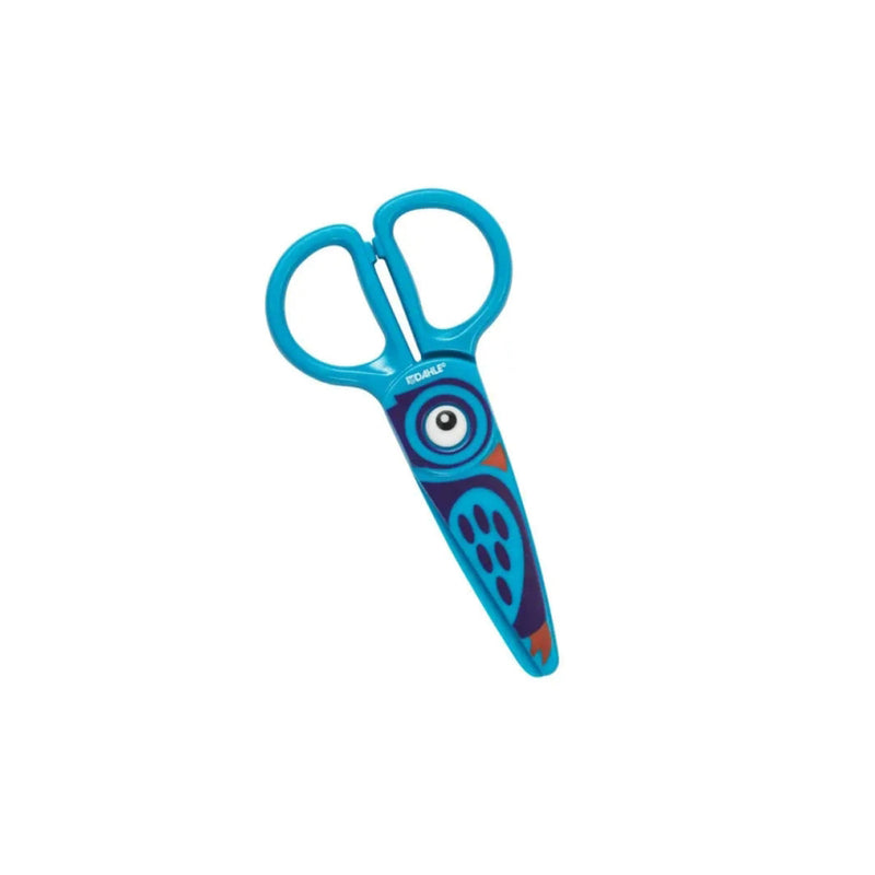 Dahle 54676 Kids Tijeras Infantiles 12cm para los mas Pequeños - Hojas de Plastico - Puntas Redondeadas - Modelo Buho - Color Azul