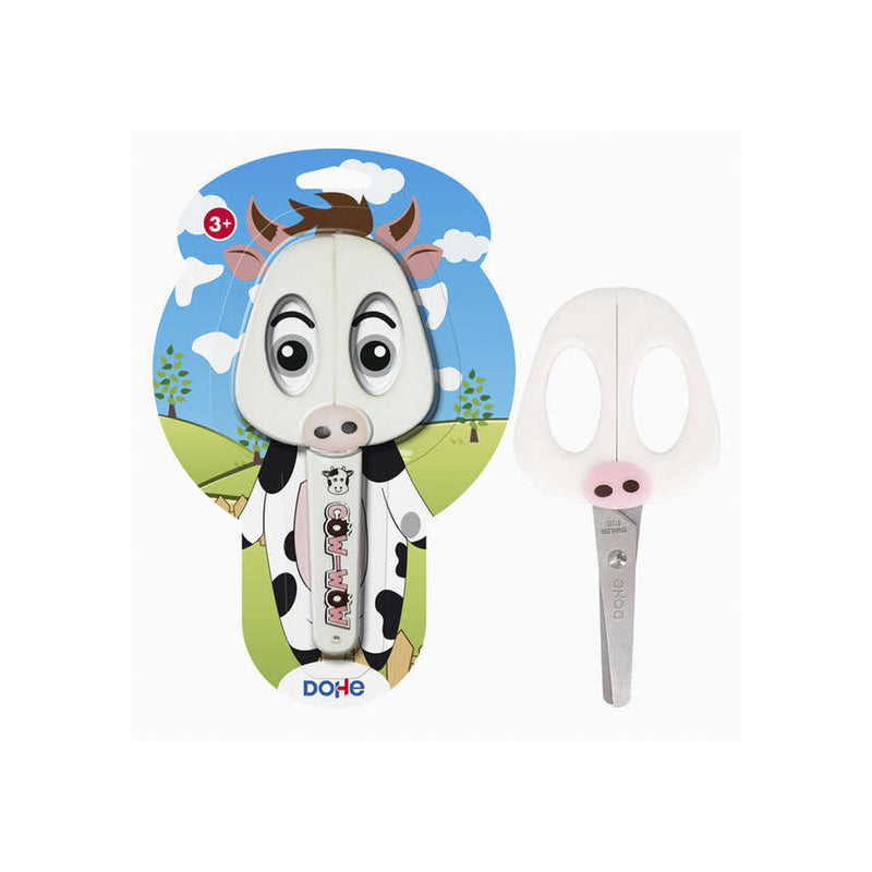 Dohe Tijera Escolar para Niños - Acero Inoxidable - Puntas Redondeadas - Funda para las Hojas - Diseño Vaca