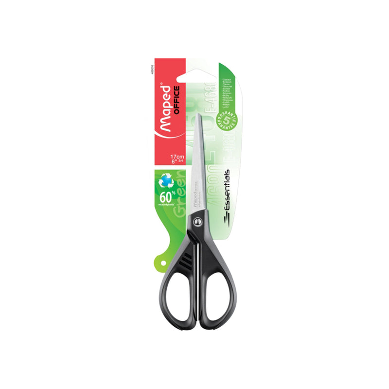 Maped Essentials Tijeras de Acero Inoxidable 17cm Simetricas - Hojas Afiladas - Mangos 60% de Plastico Recicldo - Color Negro