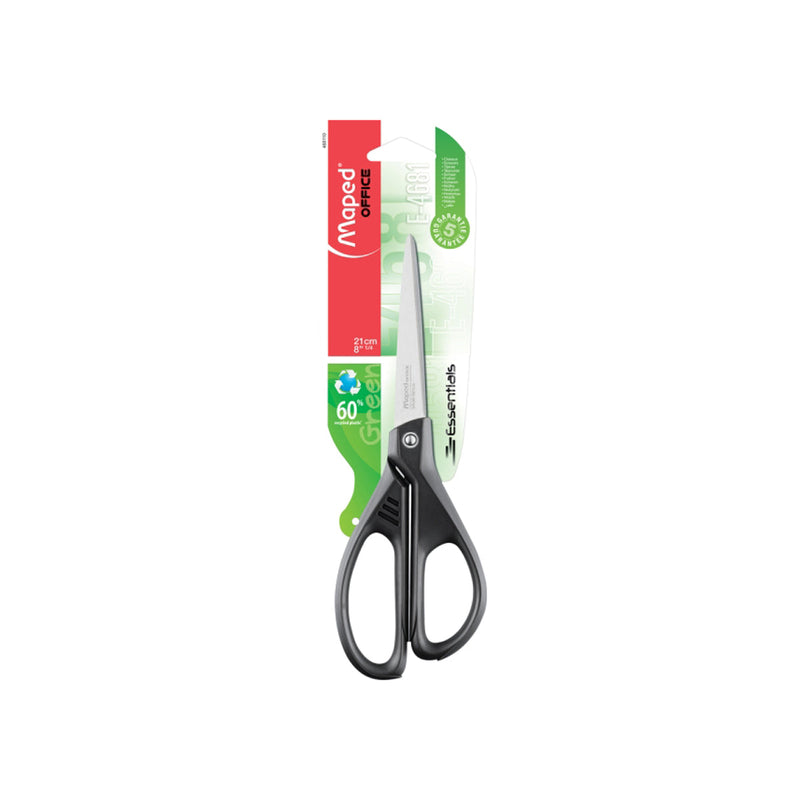 Maped Essentials Tijeras de Acero Inoxidable 21cm Asimetricas - Hojas Afiladas - Mangos 60% de Plastico Recicldo - Color Negro