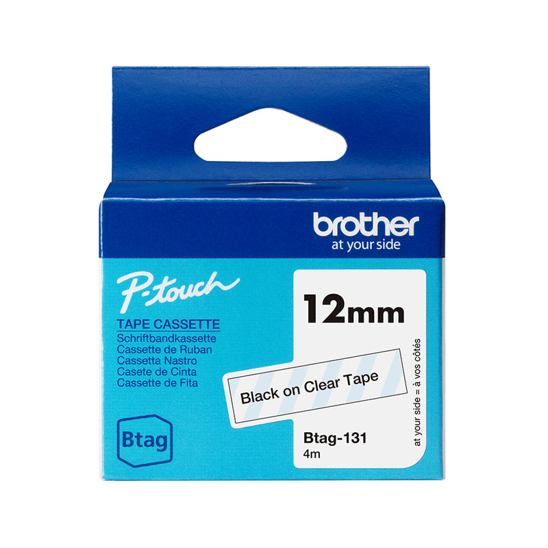 Brother Btag-131 Cinta 12mm - Texto Negro sobre Fondo Transparente - Medidas 12mmx4 Metros - Apta para PTN10, PTN20, PTN25BT