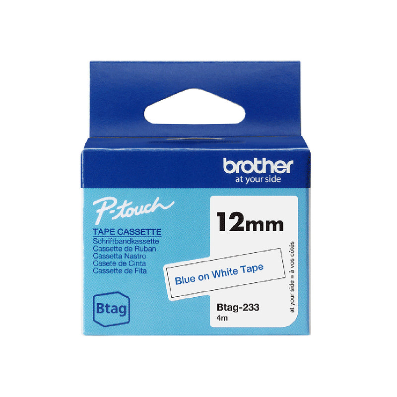 Brother Btag-233 Cinta 12mm - Texto Azul sobre Fondo Blanco - Medidas 12mmx4 Metros - Apta para PTN10, PTN20, PTN25BT