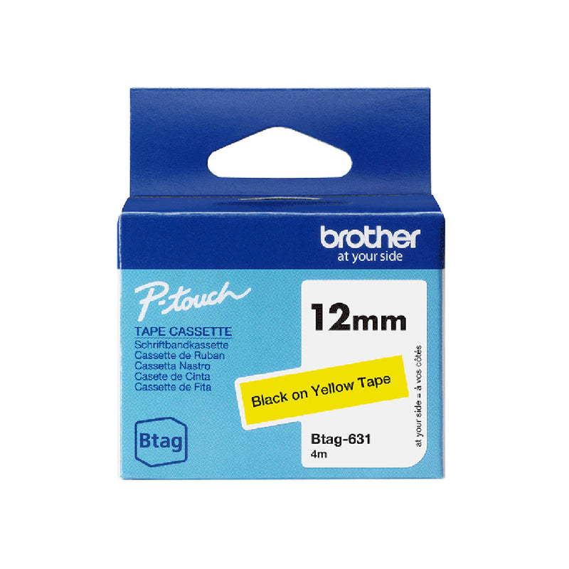 Brother Btag-631 Cinta 12mm - Texto Negro sobre Fondo Amarillo - Medidas 12mmx4 Metros - Apta para PTN10, PTN20, PTN25BT