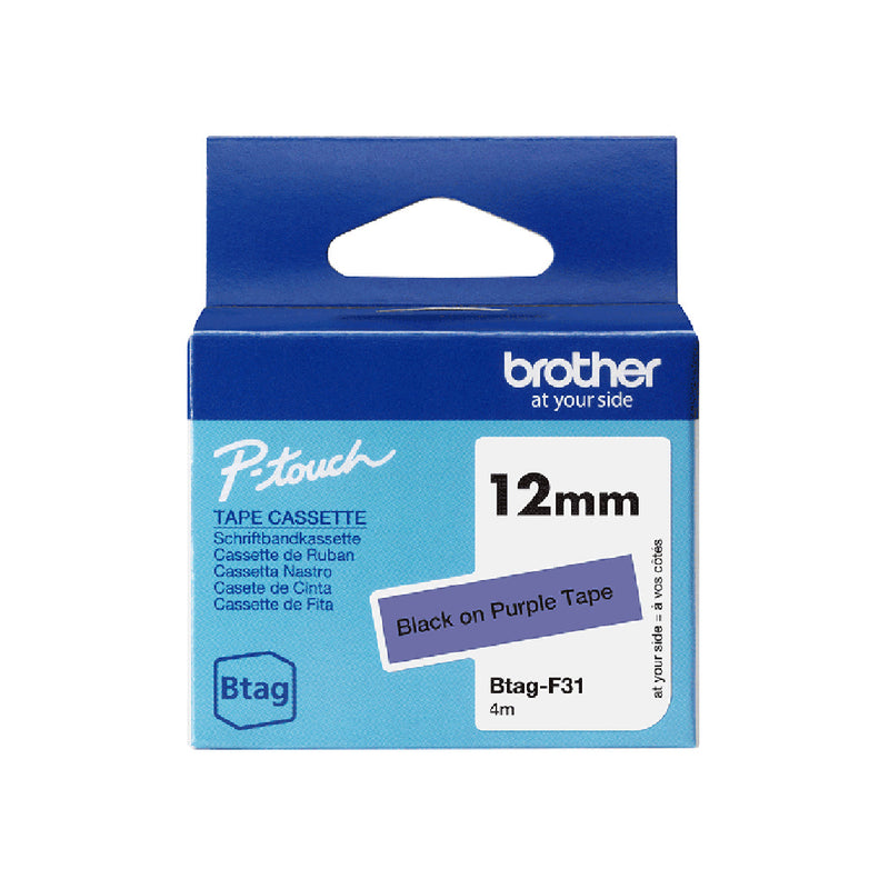 Brother Btag-F31 Cinta 12mm - Texto Negro sobre Fondo Morado - Medidas 12mmx4 Metros - Apta para PTN10, PTN20, PTN25BT