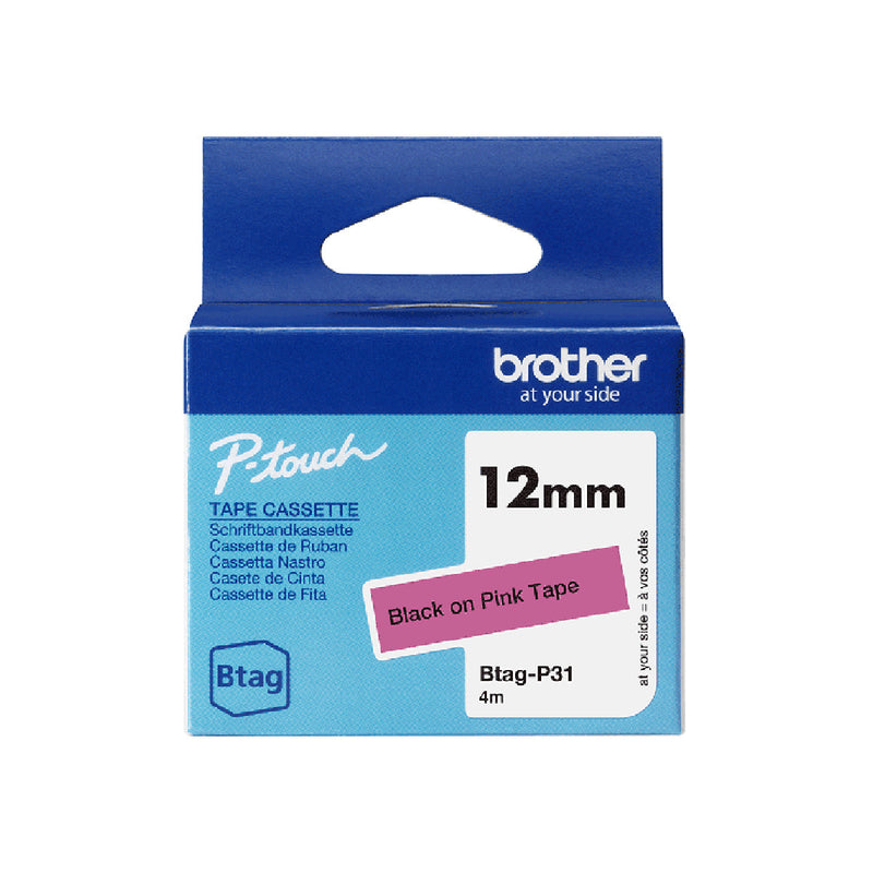 Brother Btag-P31 Cinta 12mm - Texto Negro sobre Fondo Rosa - Medidas 12mmx4 Metros - Apta para PTN10, PTN20, PTN25BT