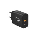 Ewent EW1327 Cargador GaN Universal de Pared 45W Ultrarapido - 1x USB-C PD 3.0 & PPS, 1x USB-A QC 2.0 - Color Negro