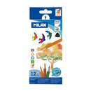 Milan Pack de 12 Lapices Triangulares de Colores Acuarelables + Pincel - Mina 2.9mm - Trazo Uniforme - Resistente a la Rotura - Madera de Bosques Sostenibles - Colores Surtidos