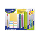 Bismark Pack Escolar con Regla Flexible 15cm, Boligrafo 4 Colores, 3 Marcadores Fluorescentes Doble Punta, Taco Notas Adhesivas 76x76, Hoja de Etiquetas Adhesivas y 3 Boligrafos Tacto Soft